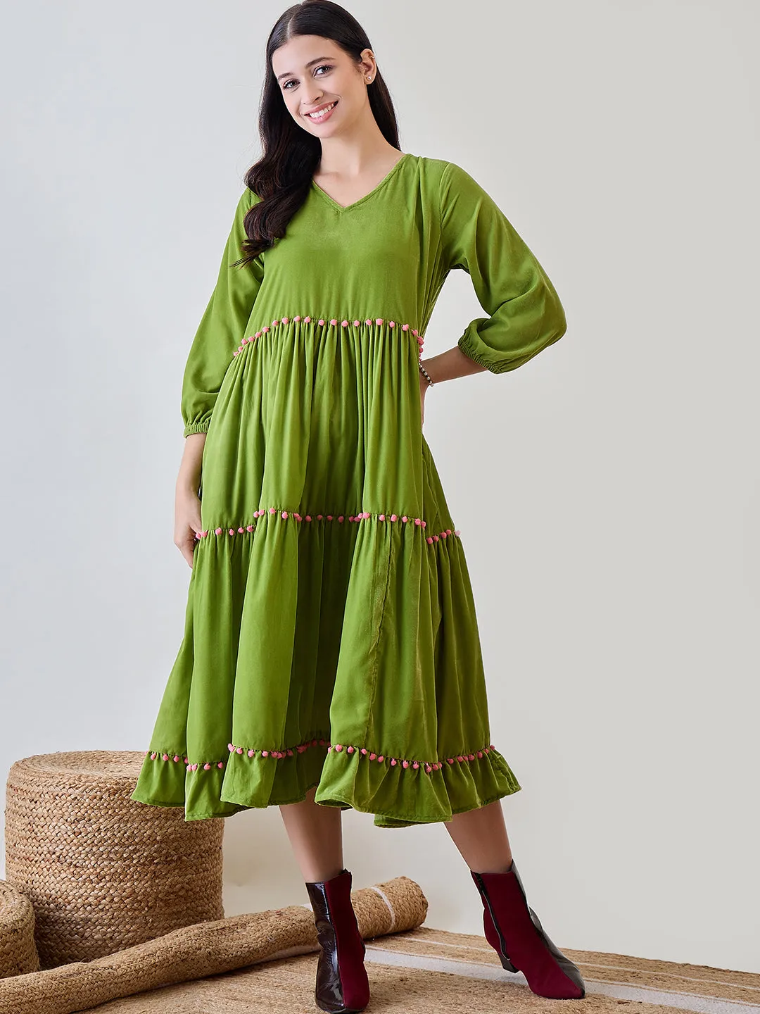 Green Solid Layered Velvet Pom Pom Highlighted Dress