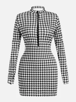 Houndstooth Printed Half-Zipped Mini Dress