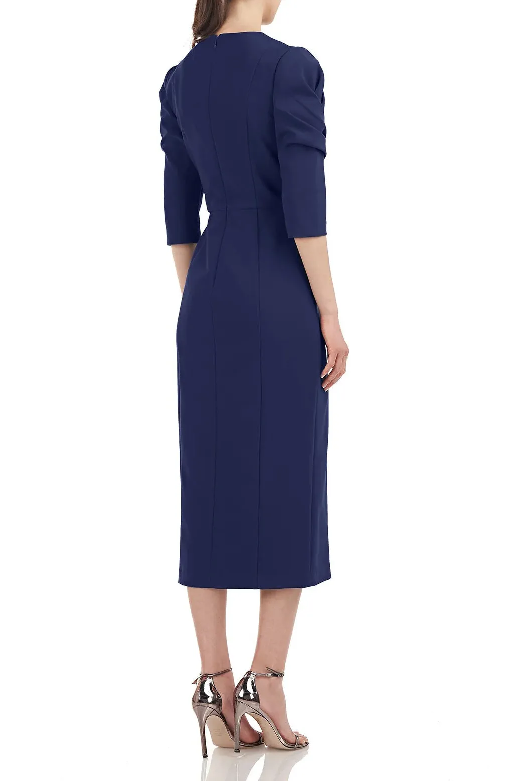 Kay Unger Crew Neck Elbow Sleeve Zipper Back Solid Stretch Crepe Dress