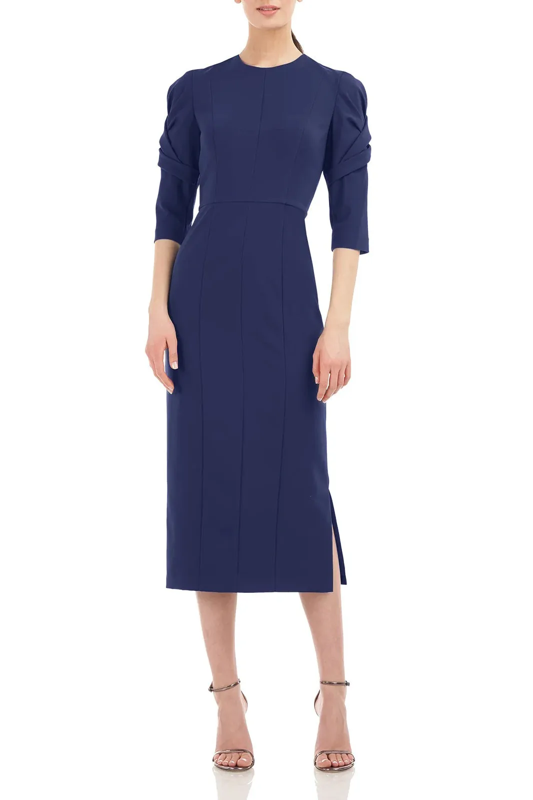 Kay Unger Crew Neck Elbow Sleeve Zipper Back Solid Stretch Crepe Dress