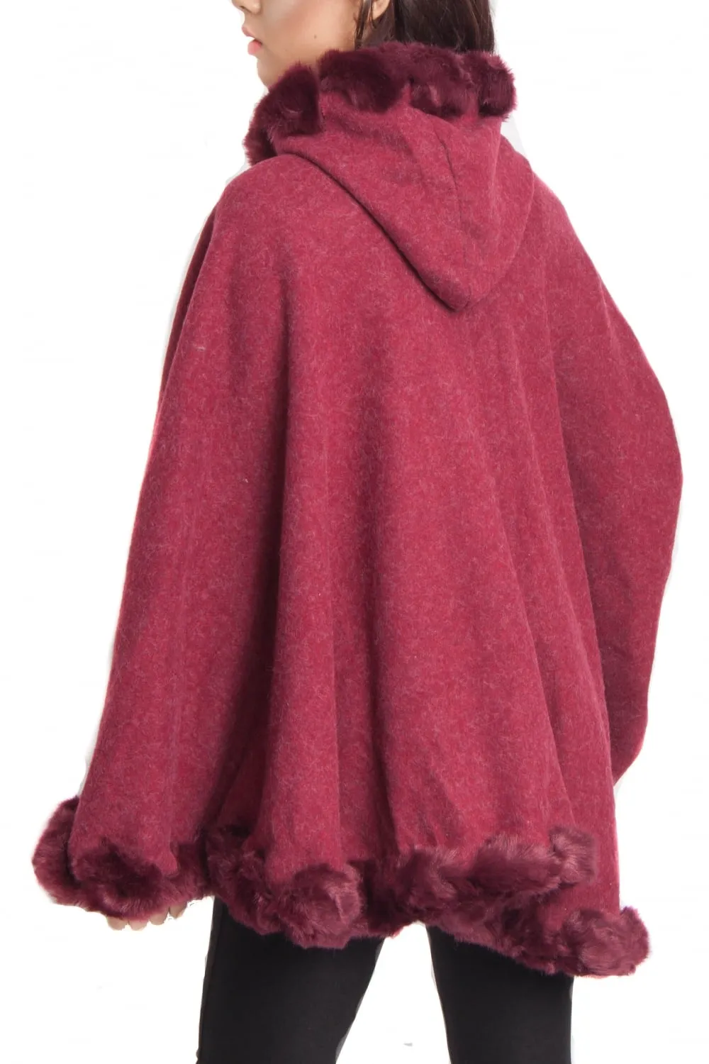 Knitted Soft Faux Fur Trim Poncho with Sleeves