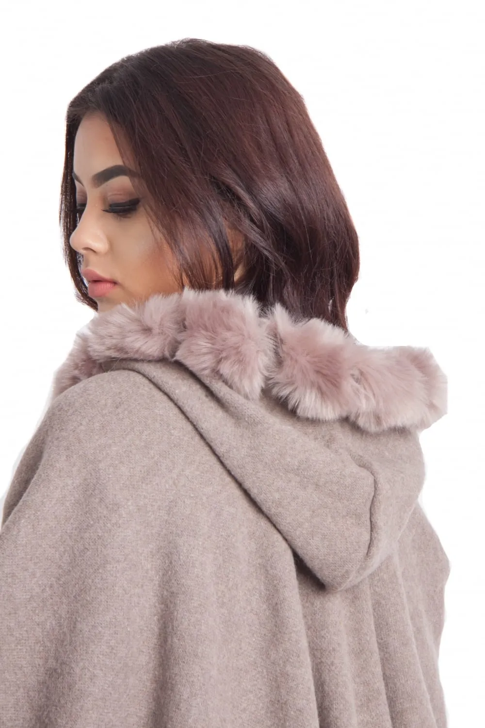 Knitted Soft Faux Fur Trim Poncho with Sleeves