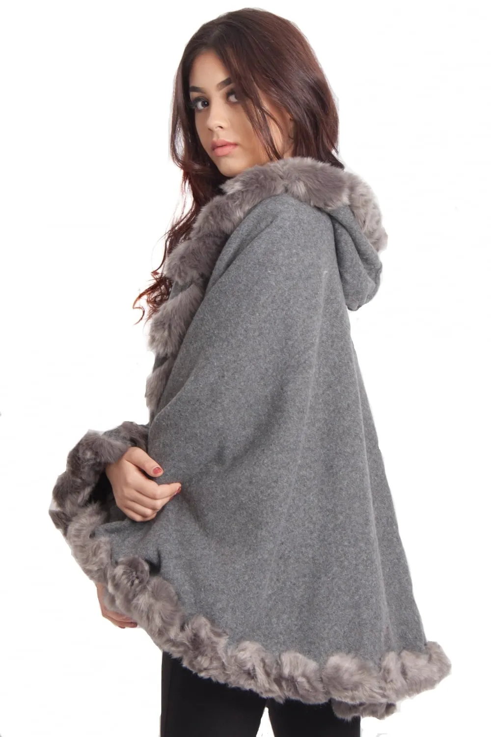 Knitted Soft Faux Fur Trim Poncho with Sleeves