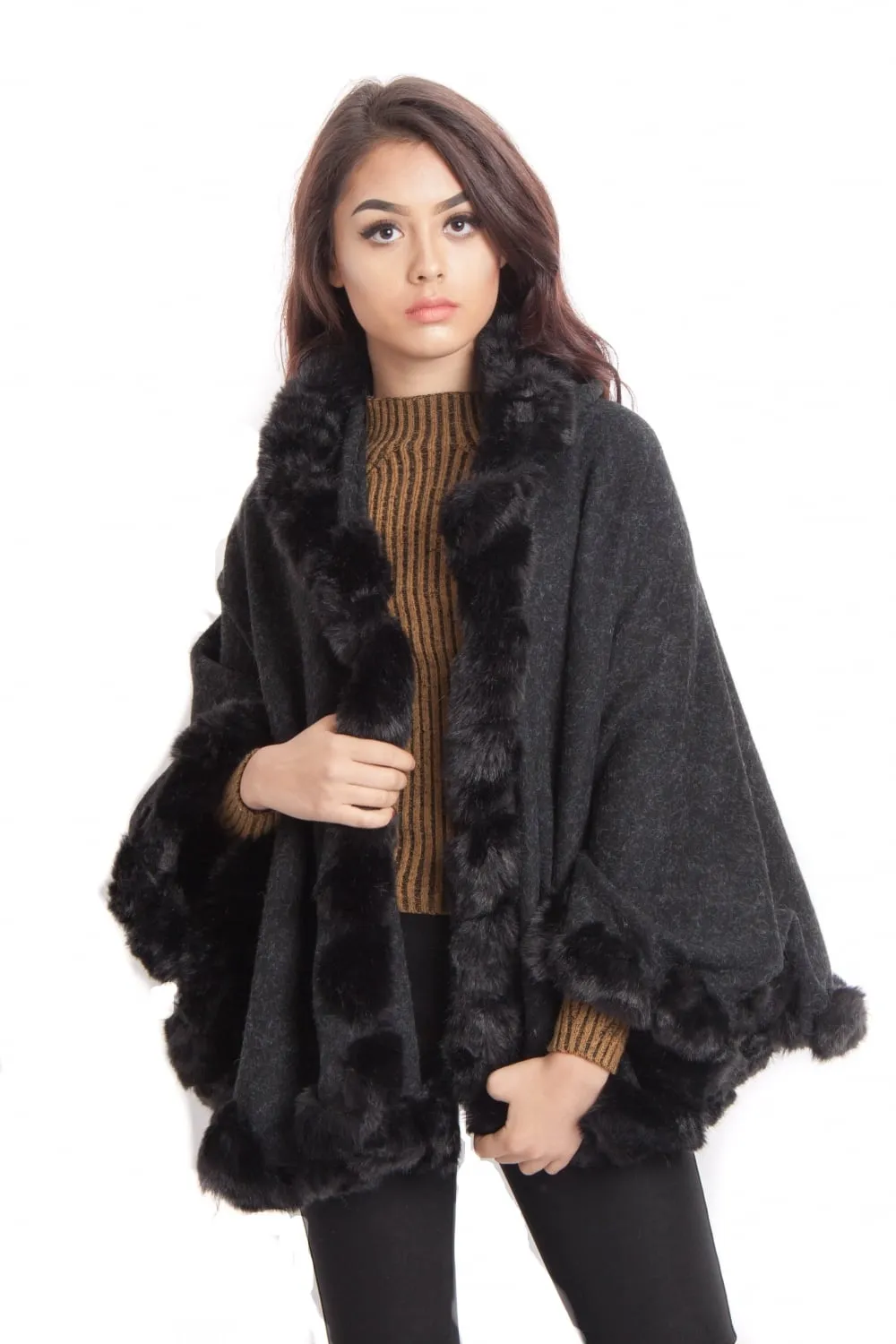 Knitted Soft Faux Fur Trim Poncho with Sleeves