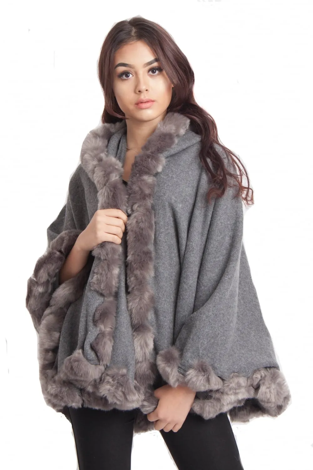 Knitted Soft Faux Fur Trim Poncho with Sleeves