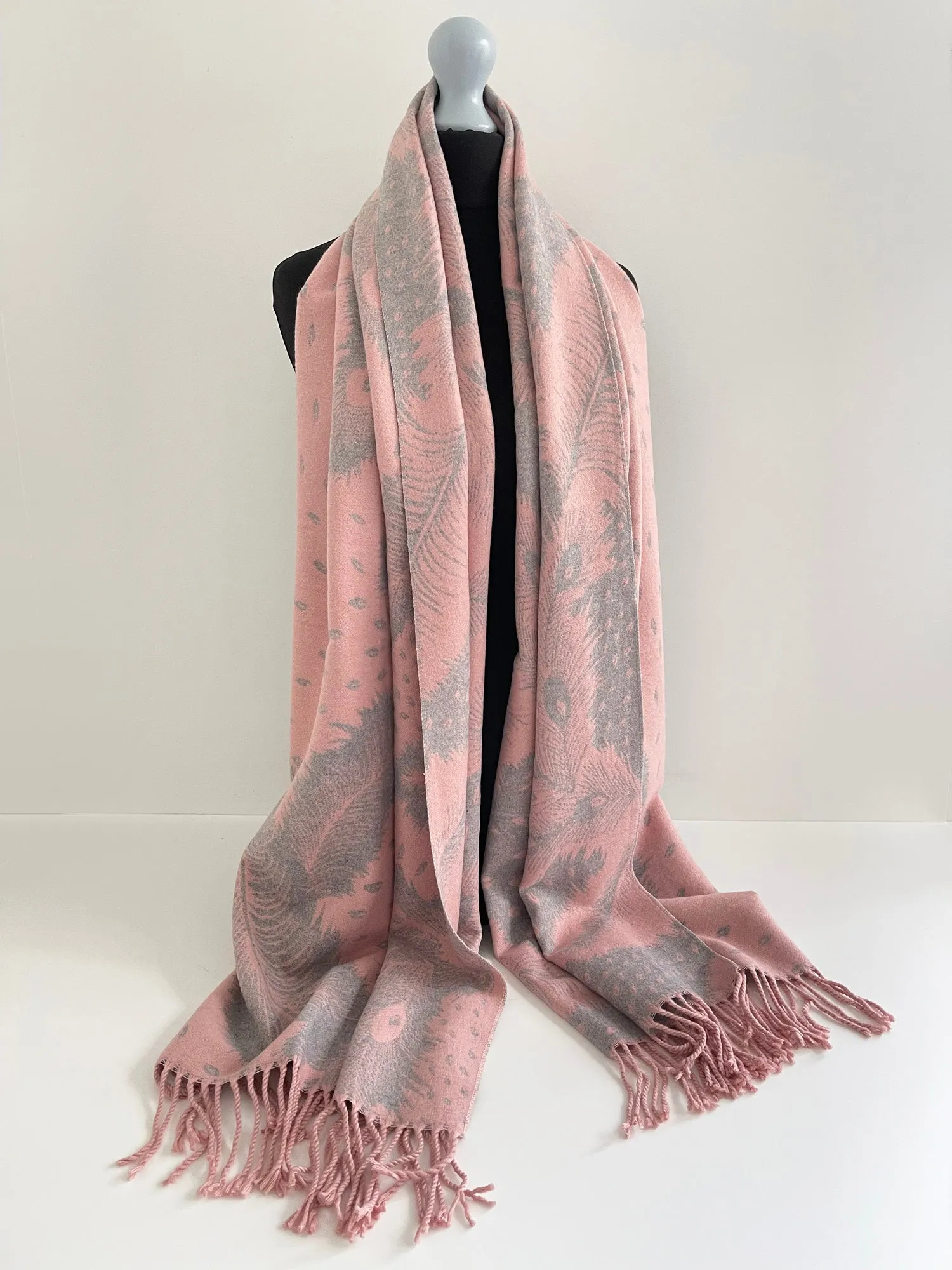 LARGE PINK CASHMERE FEATHER PRINT REVERSIBLE WINTER SHAWL BLANKET SCARF