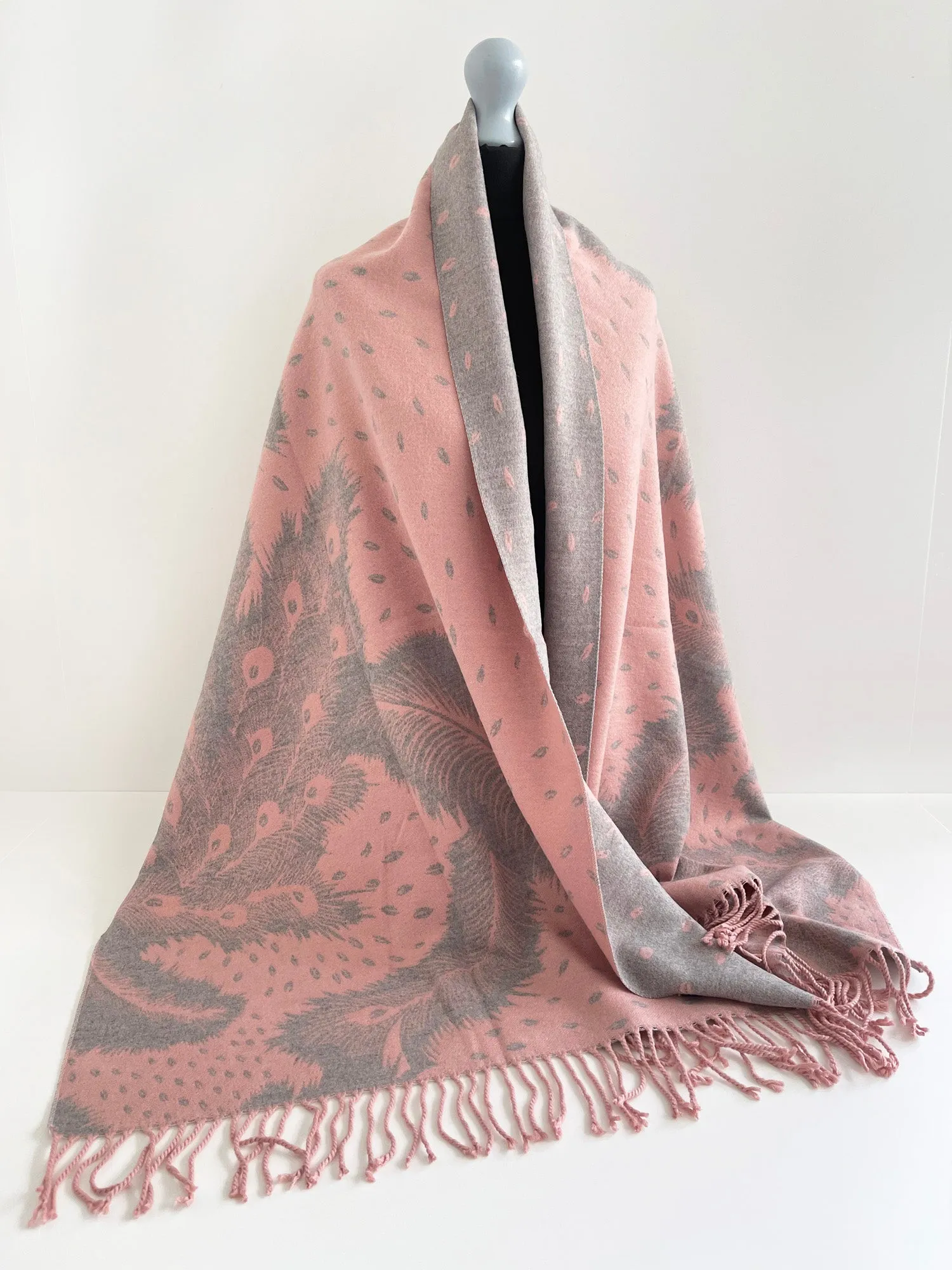 LARGE PINK CASHMERE FEATHER PRINT REVERSIBLE WINTER SHAWL BLANKET SCARF