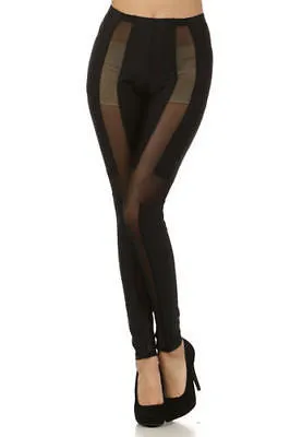 Leggings Pants Shimmer Solid Mesh See Through Panel Stretch Long