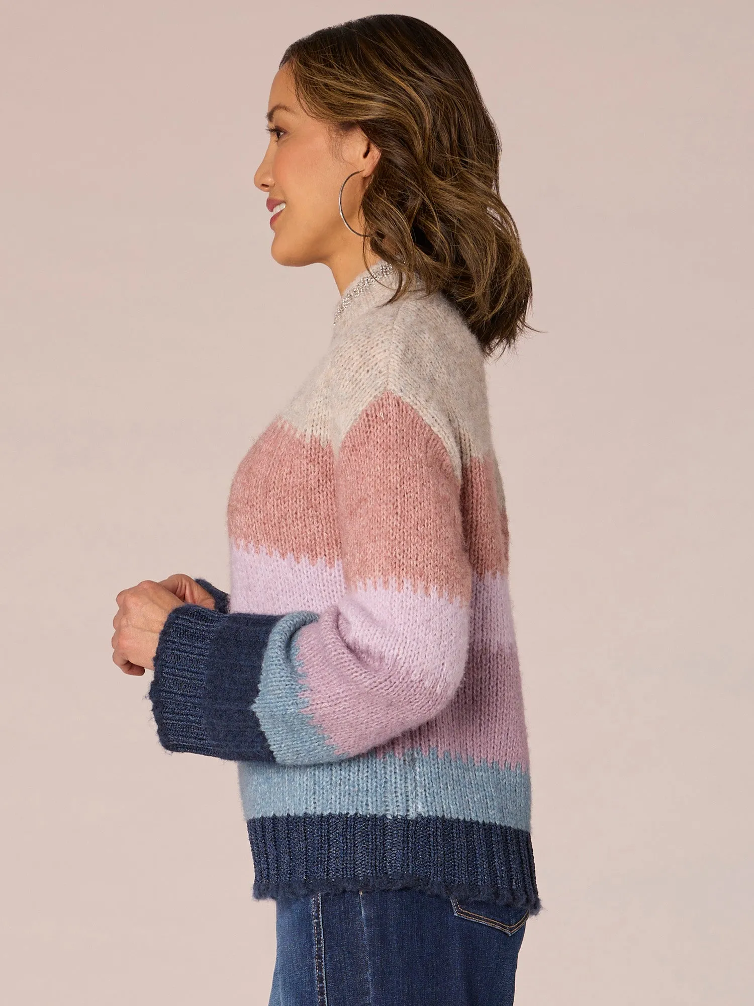 Long Sleeve High Round Neck Multi Color Stripe Sweater