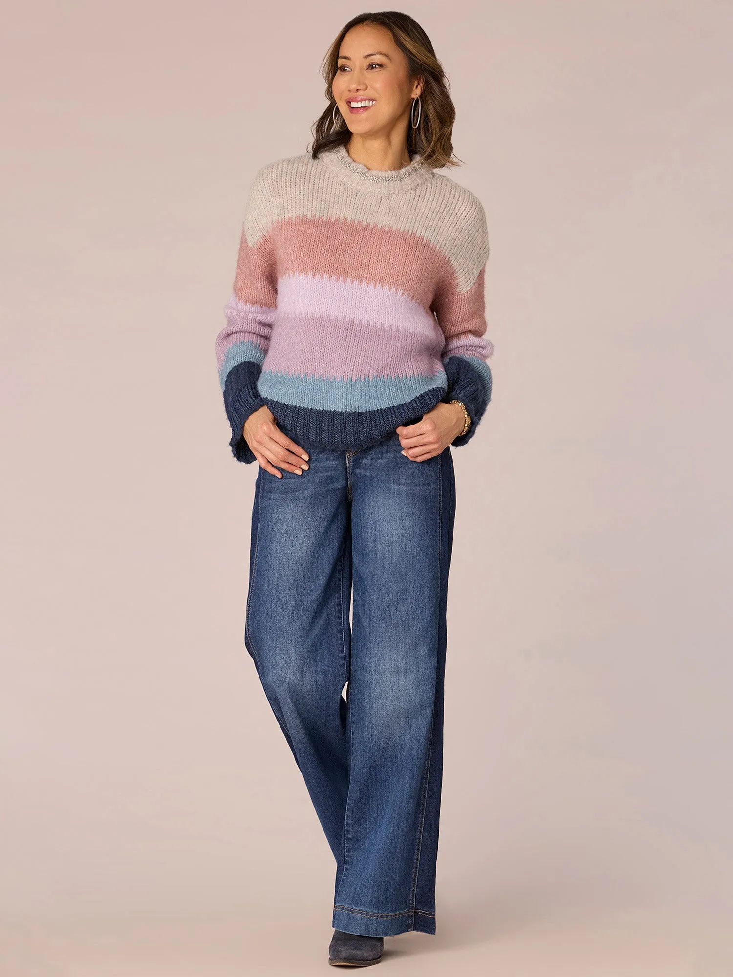 Long Sleeve High Round Neck Multi Color Stripe Sweater