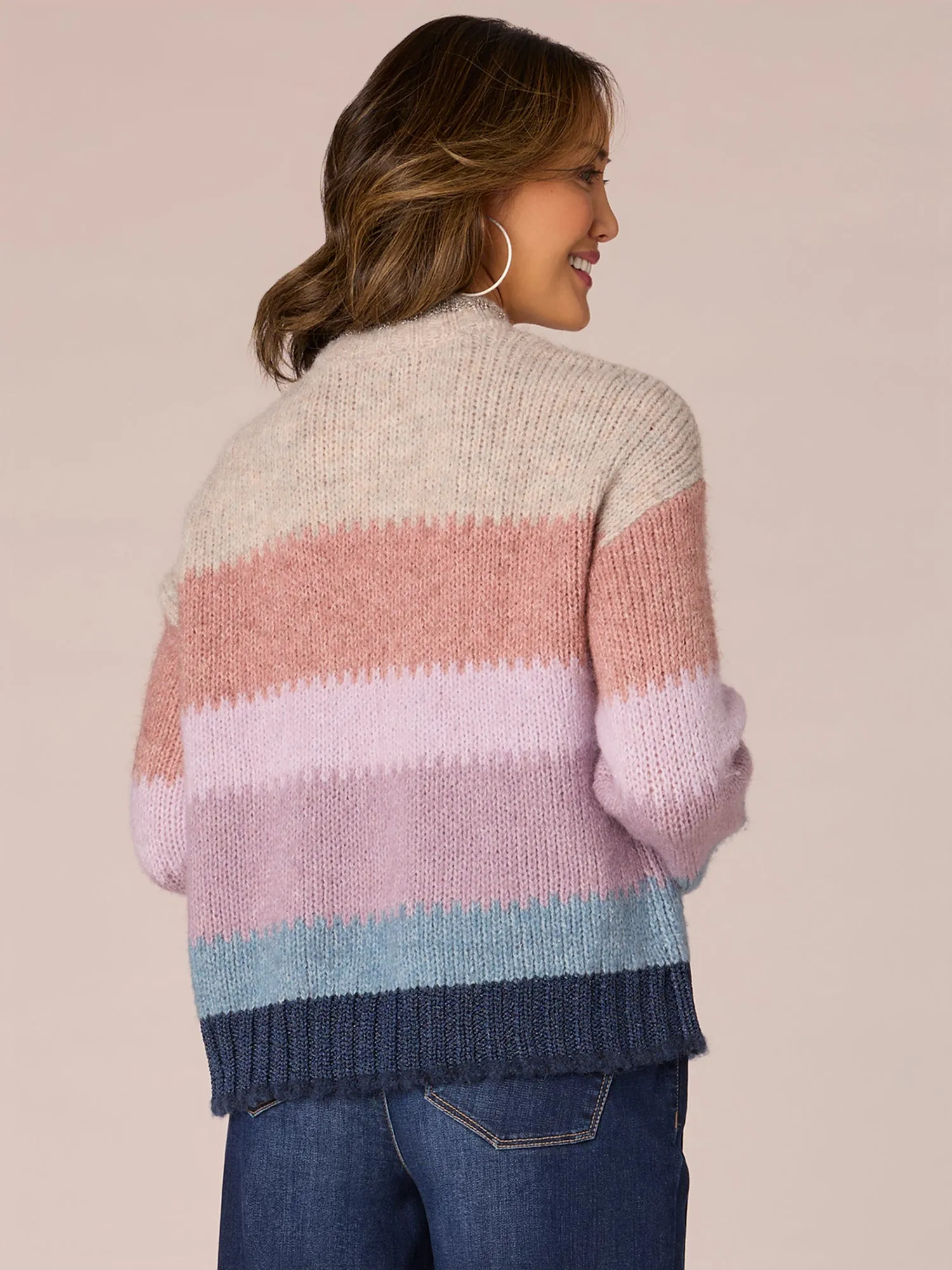 Long Sleeve High Round Neck Multi Color Stripe Sweater