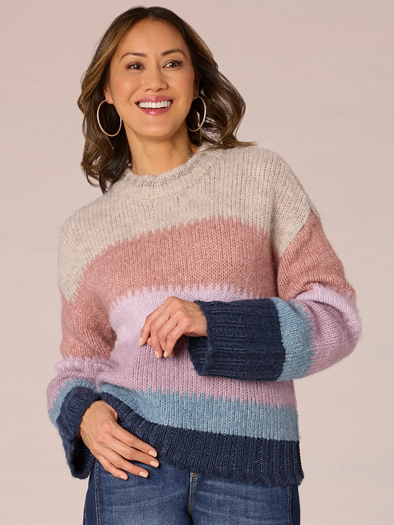 Long Sleeve High Round Neck Multi Color Stripe Sweater