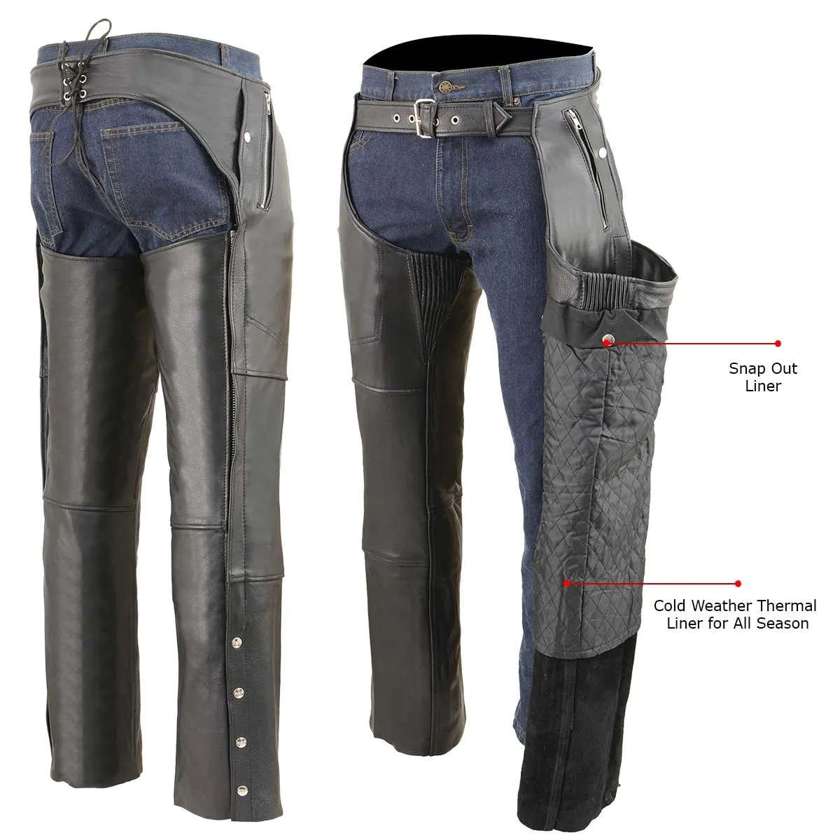 Milwaukee Leather Men’s Black Cool-Tec Premium Leather Motorcycle Chaps w/ Removable Thermal Liner MLM5505