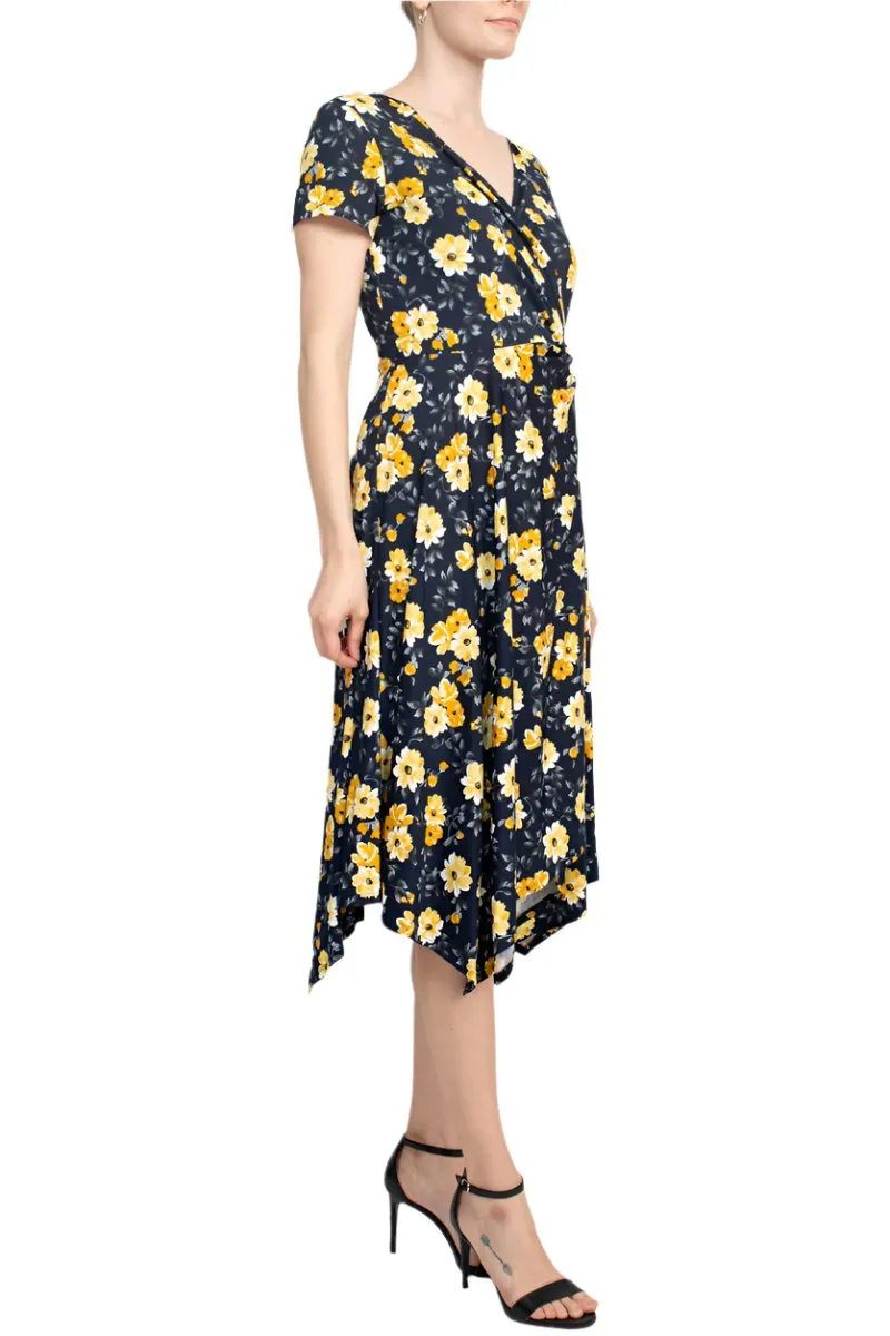 Perceptions V-Neck Short Sleeve Gathered Side Floral Print ITY Dress