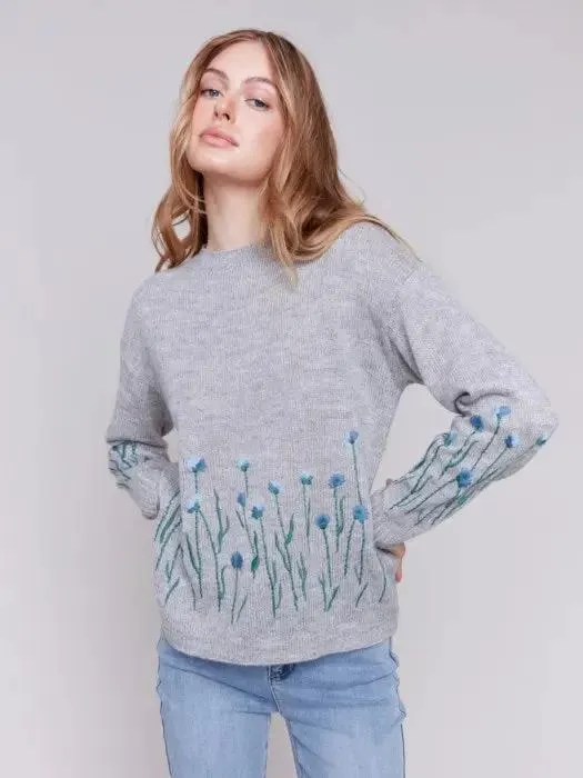 Plush Knit Embroidered Flower Sweater