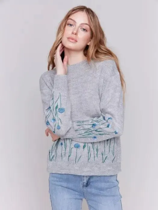 Plush Knit Embroidered Flower Sweater