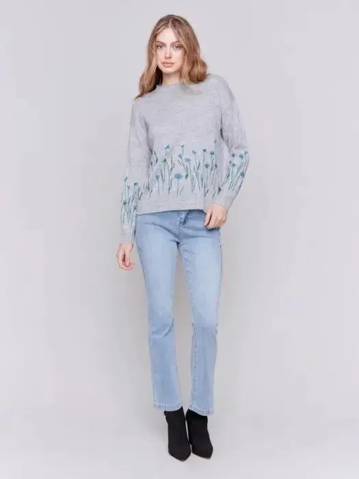 Plush Knit Embroidered Flower Sweater