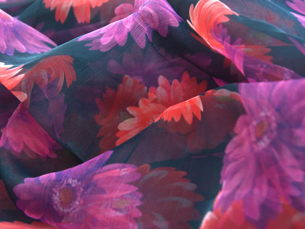 Precut of 2 Meter Black Floral Digital Printed Semi Organza Fabric