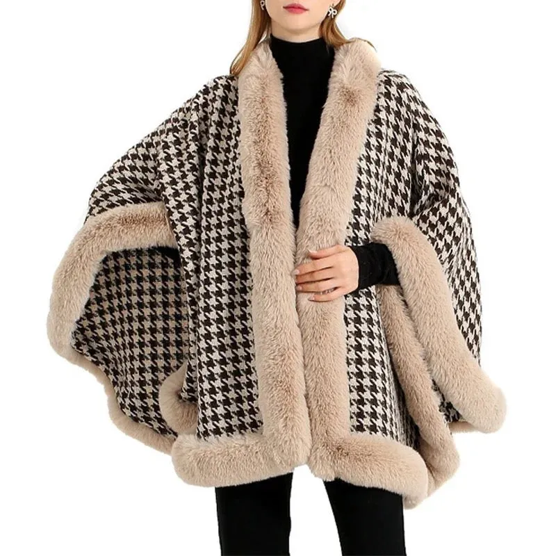 RITZY Beige Houndstooth Poncho with Faux Fur Trim Free Size