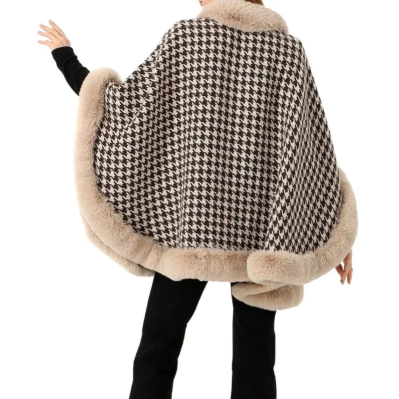 RITZY Beige Houndstooth Poncho with Faux Fur Trim Free Size