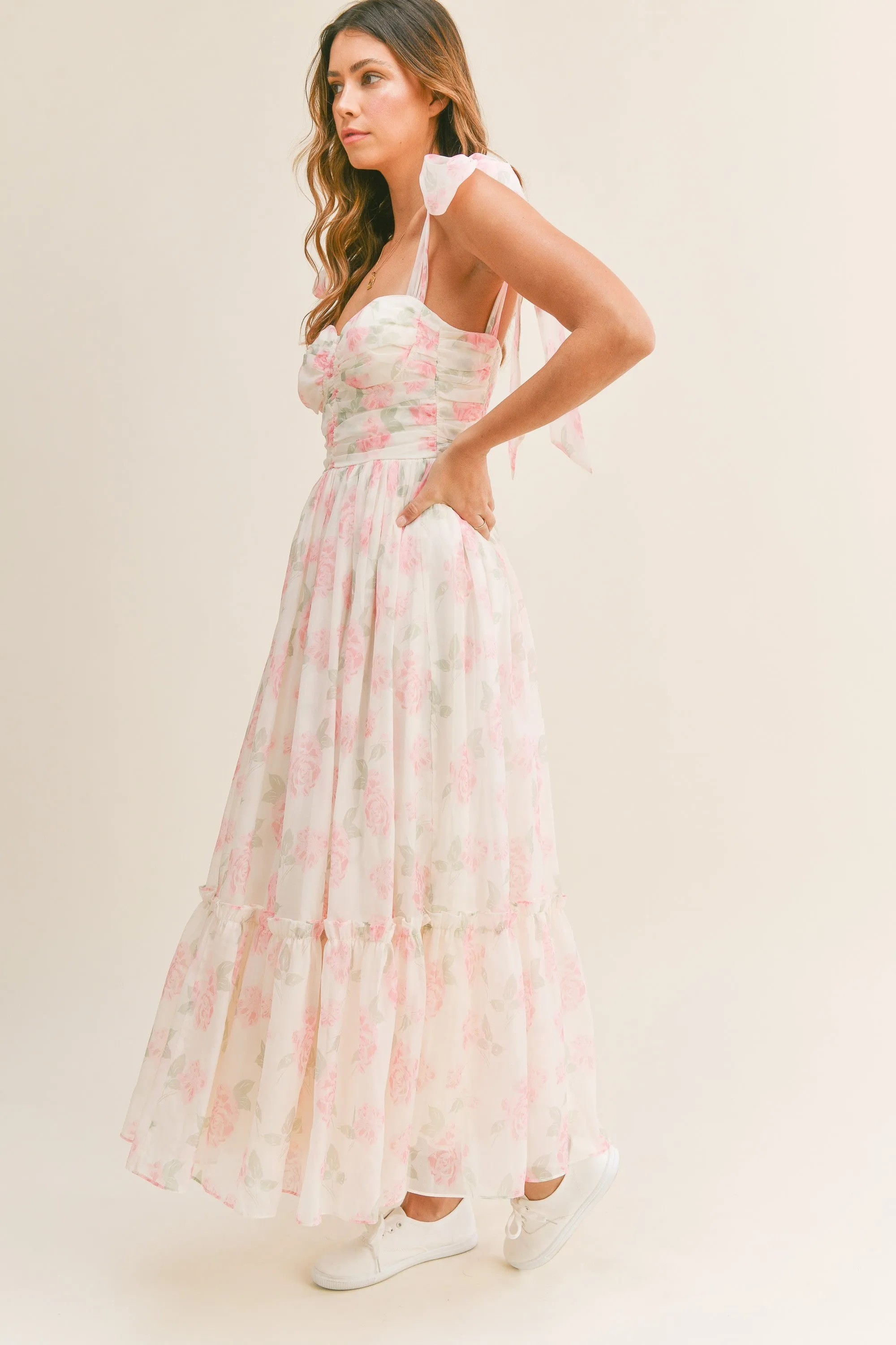 Ruched Tiered Floral Midi