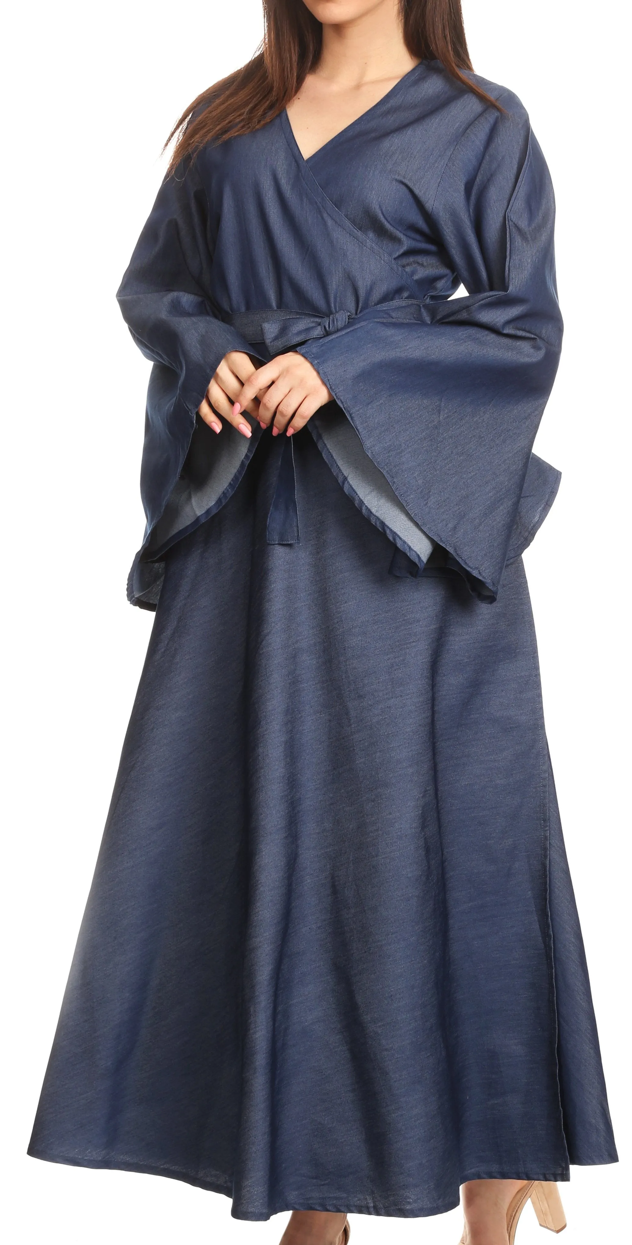 Sakkas Ximena  Long Wrap Around Bell Sleeve Chambray Full Circle Dress Casual