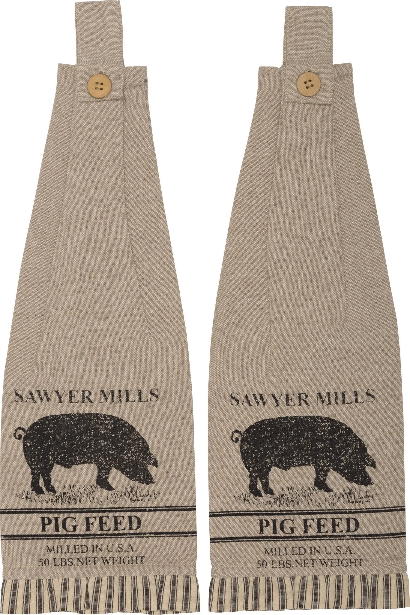 Sawyer Mill Charcoal Pig Button Loop Tea Towel - Set of 2