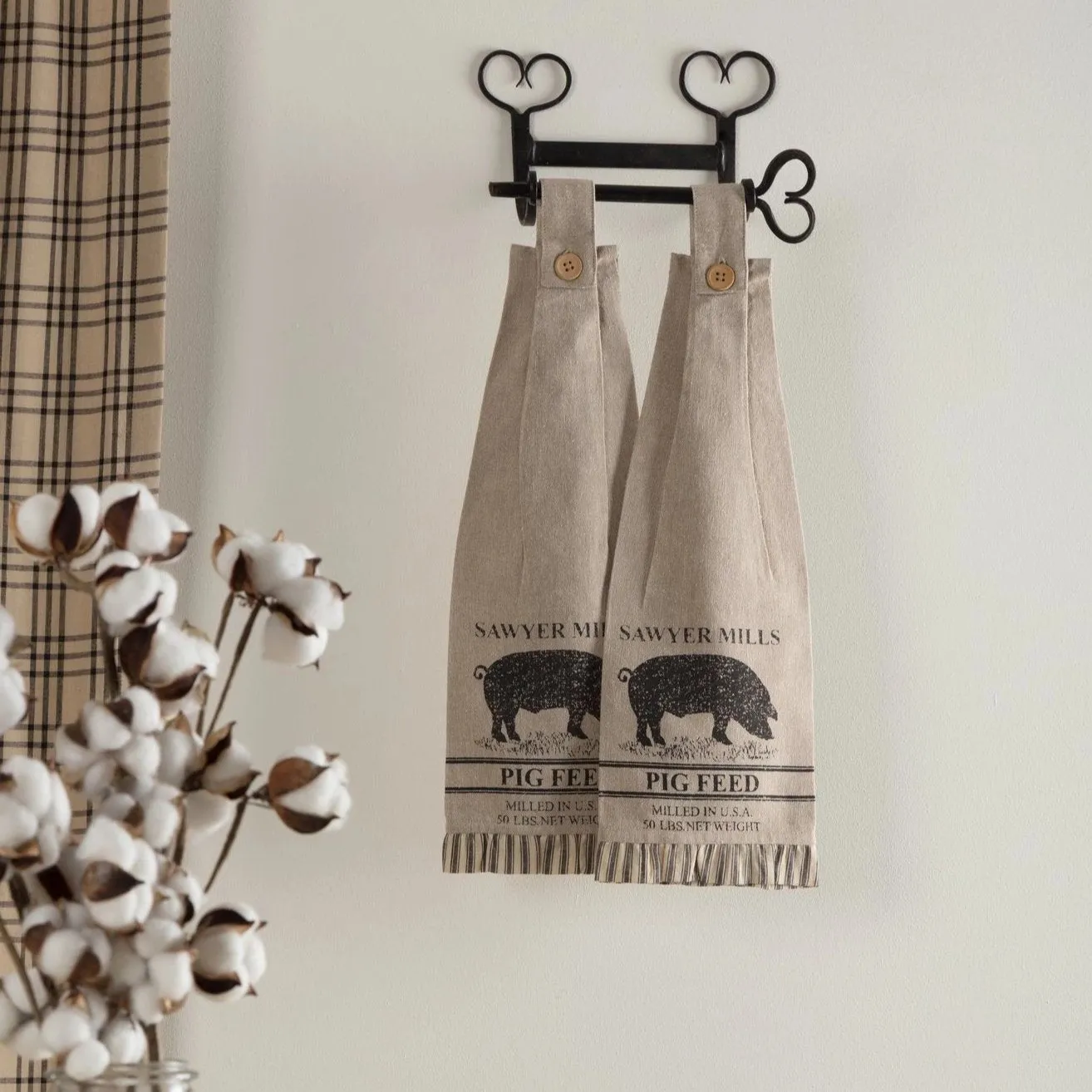 Sawyer Mill Charcoal Pig Button Loop Tea Towel - Set of 2