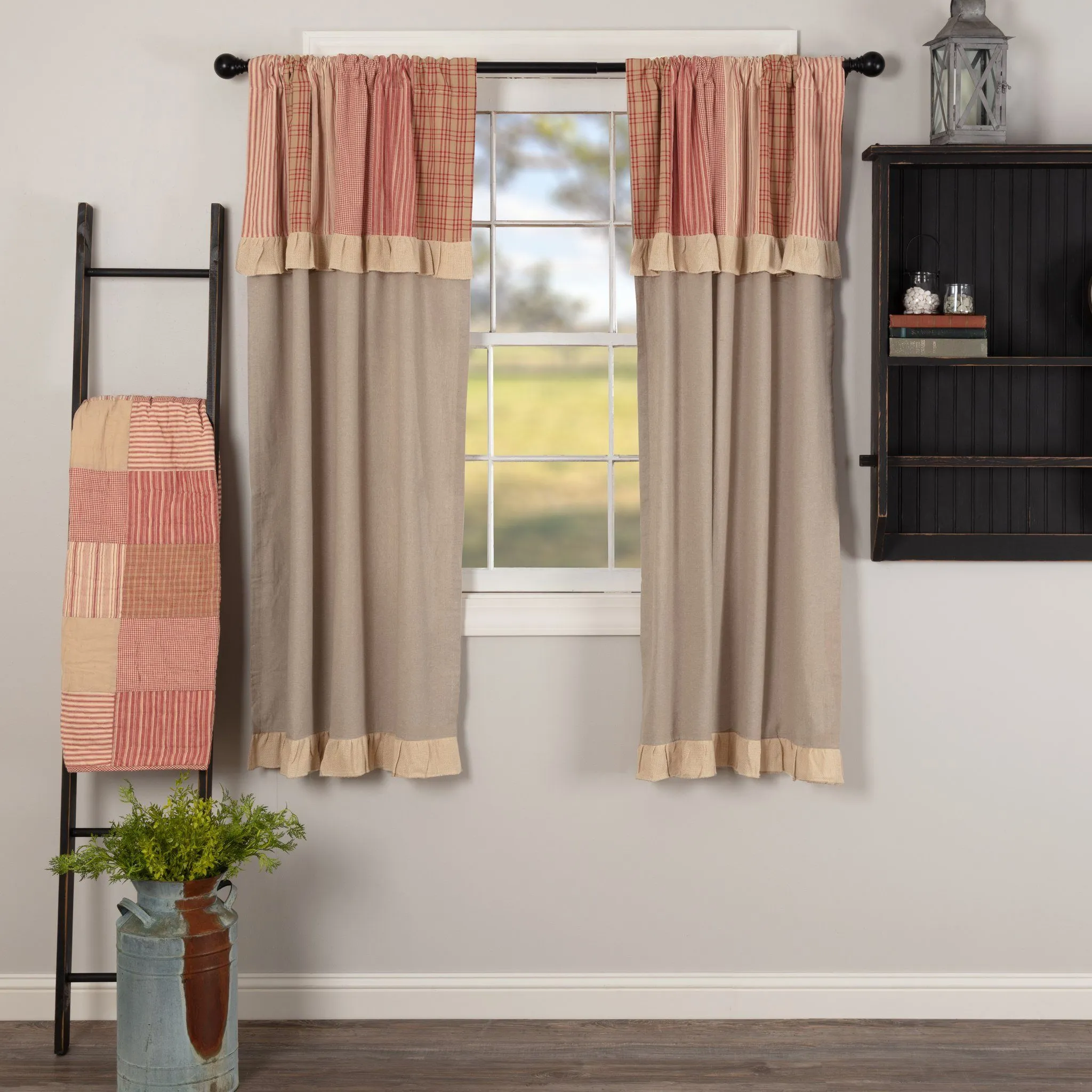 Sawyer Mill Red Lined Short Panels with Attached Patchwork Valance 63"