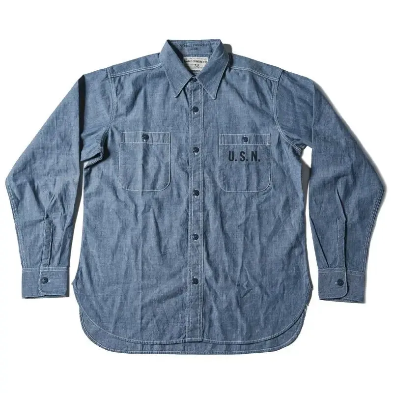 Selvedge Chambray Work Shirt with Long Sleeve - Blue