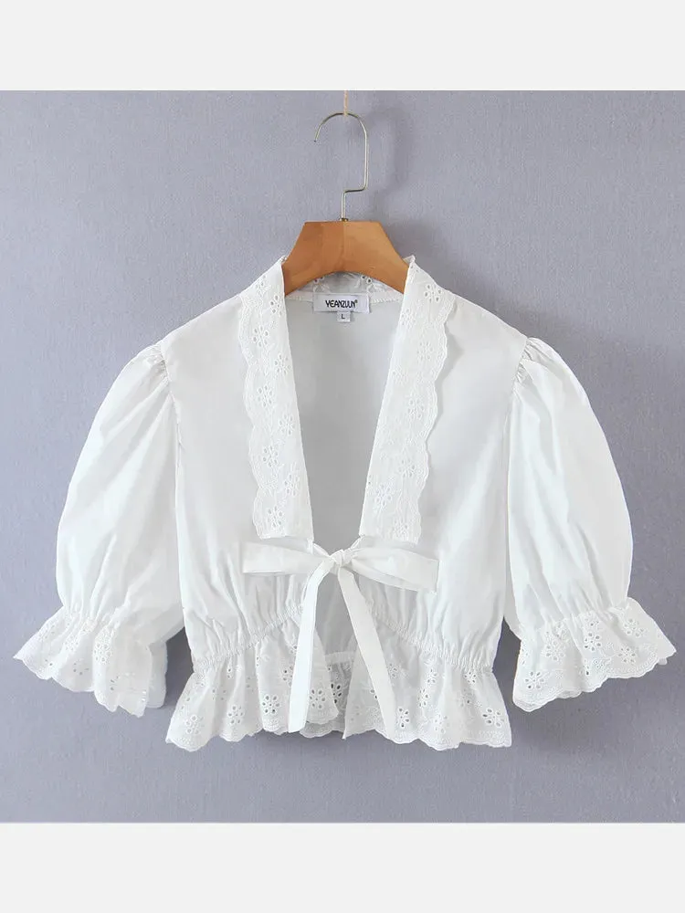 Sexy White Flower Sleeve Cropped Bow Tops Blouse