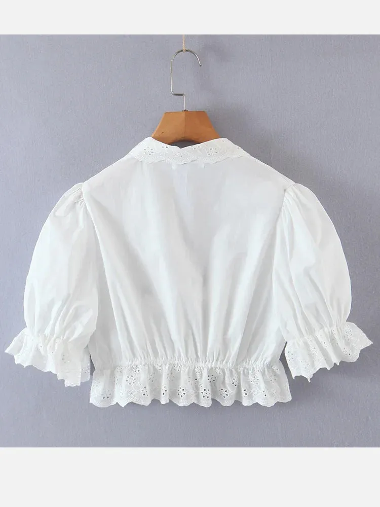 Sexy White Flower Sleeve Cropped Bow Tops Blouse