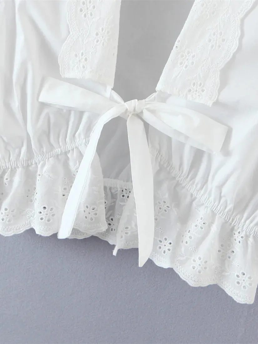 Sexy White Flower Sleeve Cropped Bow Tops Blouse