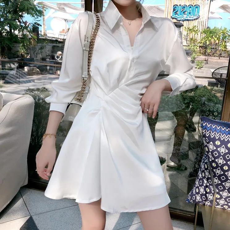 Solid Color Silk Polo Collar Shirt Dress