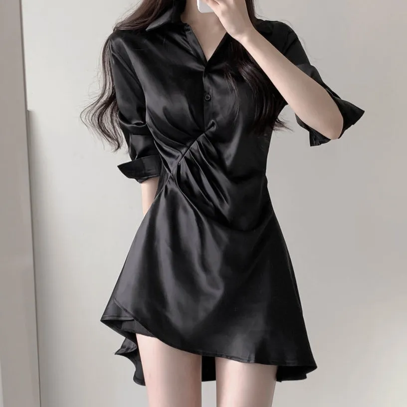 Solid Color Silk Polo Collar Shirt Dress