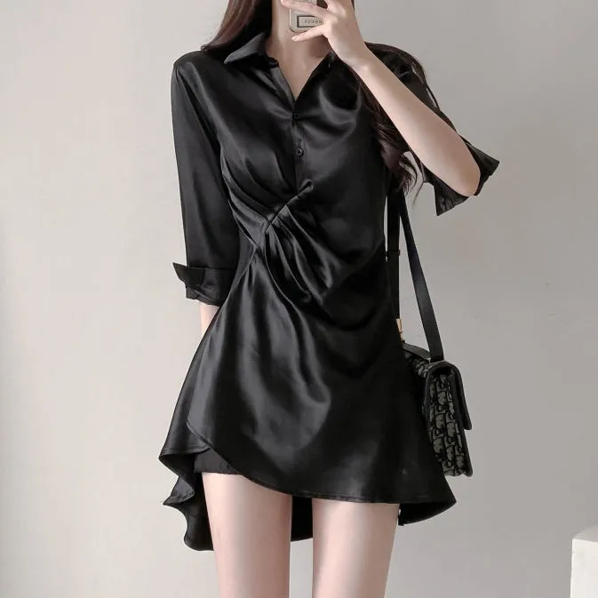 Solid Color Silk Polo Collar Shirt Dress