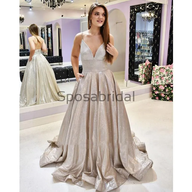 Spaghetti Straps V-neck A-line Metallic Long Prom Dresses, Trendy Evening Dresses PD2247