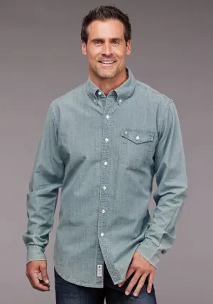 Stetson Mens Chambray Button Front Light Blue 100% Cotton 1 Pkt L/S Shirt