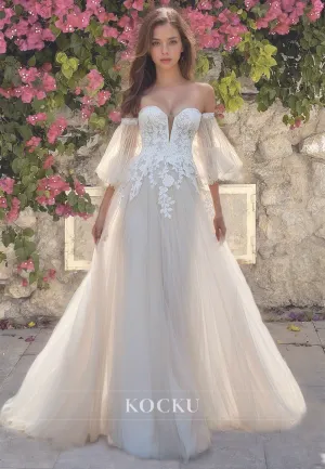 Sweetheart A-Line Half Sleeves Floor-Length Lace Bridal Dress with Appliques Wedding Dress