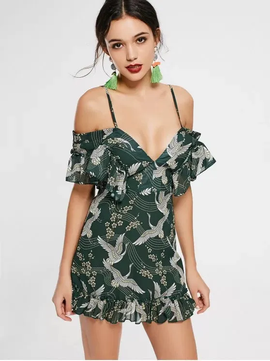 TastyHottie - Trendy Crane Floral Print Ruffled Cami Dress