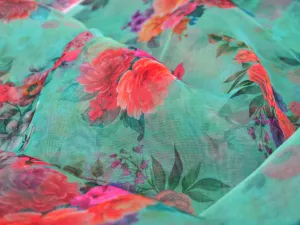 Teal Floral Digital Printed Semi Organza Fabric