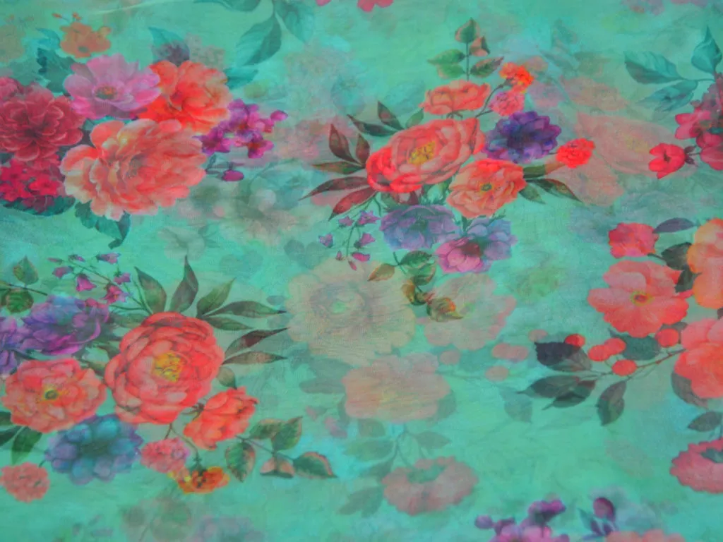 Teal Floral Digital Printed Semi Organza Fabric