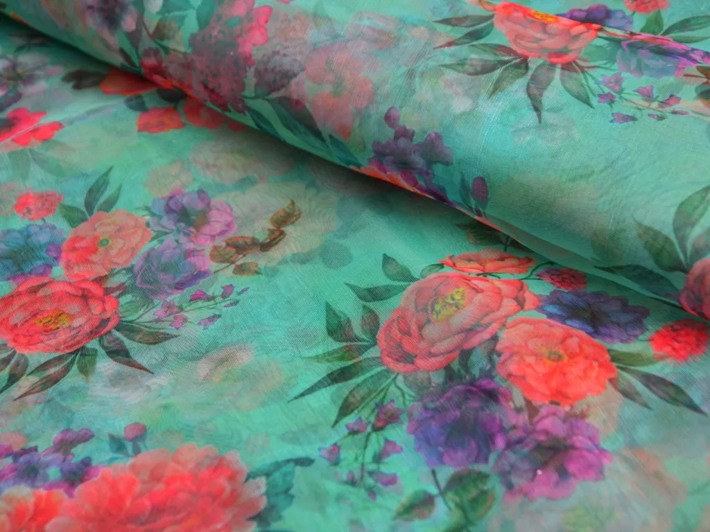 Teal Floral Digital Printed Semi Organza Fabric