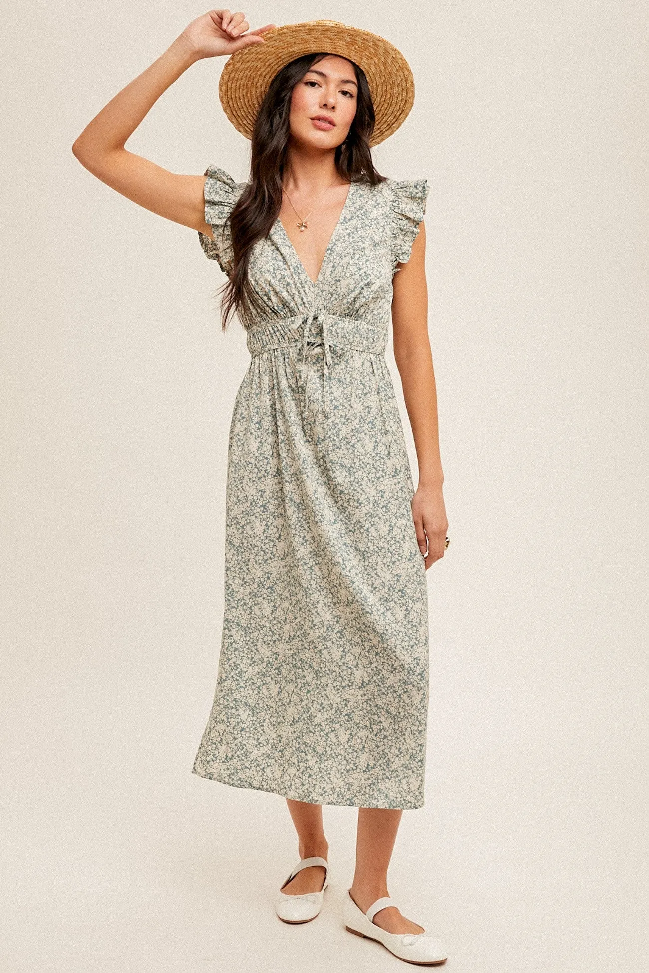 The Arnetta Floral Dress in Dusty Blue