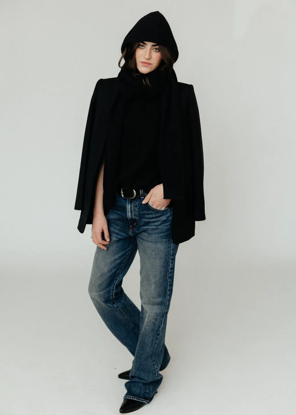 Tibi Light Weight Airy Extrafine Wool Hooded Scarf in Black