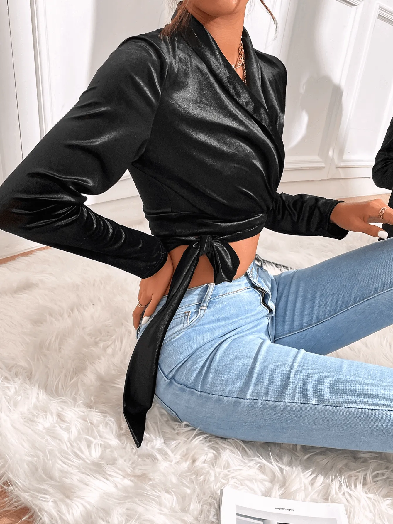 Tie Waist Long Sleeve Cropped Top