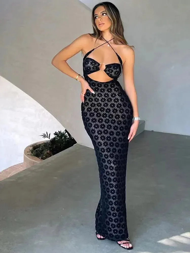 Trendy Female Sexy Robe Street Solid Hanging Neck Maxi Dress with Cut Out