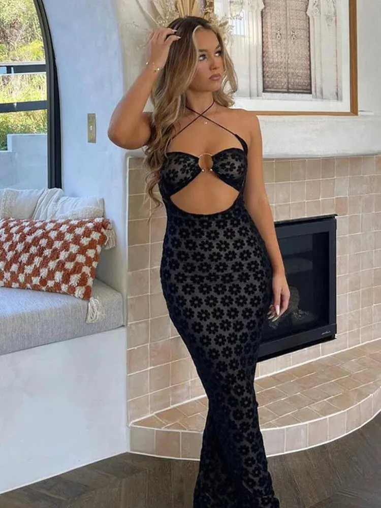 Trendy Female Sexy Robe Street Solid Hanging Neck Maxi Dress with Cut Out