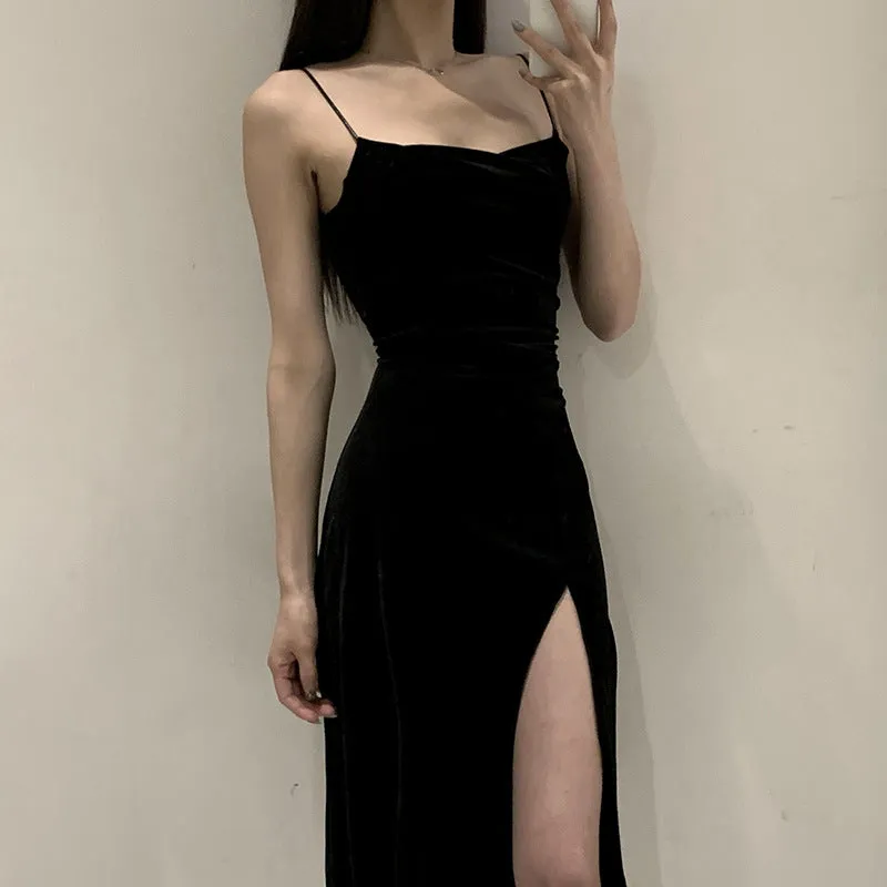 Velvet Sling Exposed Lock Bone High Slit Formal Dress