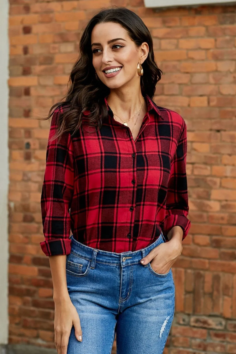 Versatile Plaid Roll Sleeve Shirt